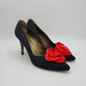 Yves Saint Laurent Vintage Black Matte Satin Red Rose Rosette Heels Pumps